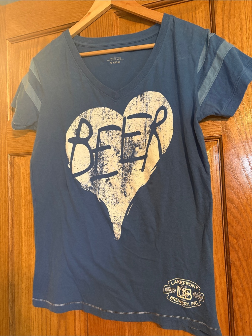 Lakefront Brewery Blue 'Beer' Heart Graphic V-Neck Tee